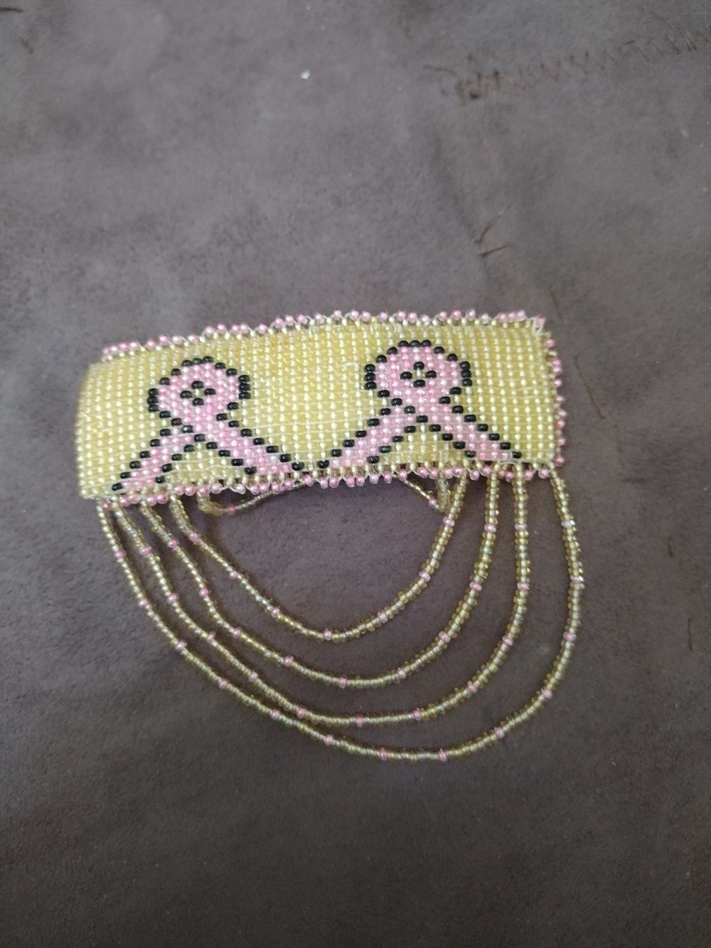 Hand-Beaded Pink Ribbon Hair Barrett - Yellow and Pink